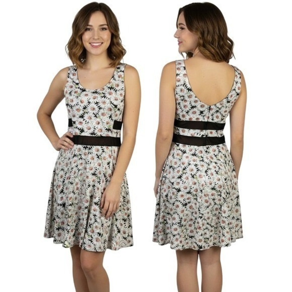 Lush Daisy Floral Skater Dress Womens M Black White Lace Mesh Waist Sleeveless